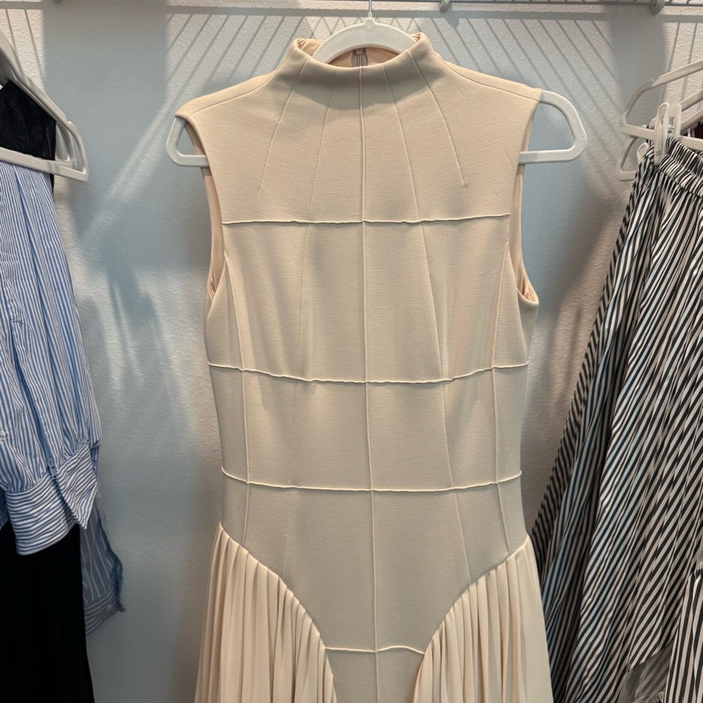 Cream High-Neck Sleeveless Pleated Panel Dress